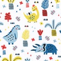 Dinosaur seamless pattern with plant elements. Baby cloth design, wallpaper, wrapping