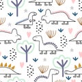 Dinosaur seamless pattern, Vector illustration with childish drawing pastel colors. Cute monster characters in jungle. Good for Royalty Free Stock Photo