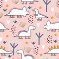 Dinosaur seamless pattern, Vector illustration with childish drawing pastel colors. Cute monster characters in jungle. Good for Royalty Free Stock Photo