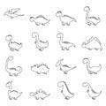 Dinosaur set with 16 silhouettes of reptiles. Vector illustration outlined funny dinosaurs isolated