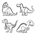 dinosaur. set of simple flat black and white ancient dinosaurs. triceratops, tyrannosaurus, dragons. flat, vector, doodle, sketch