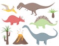 Dinosaur set with Tyrannosaurus Rex, Stegosaurus, Triceratops, Diplodocus, Pteradactyl, prehistoric plants and volcano.