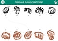 Dinosaur shadow matching activity with fossil bones. Prehistoric puzzle with cute stegosaur, triceratops, T-rex skeletons. Find