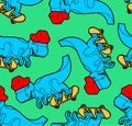 Dinosaur on skateboard pattern seamless. Dino Teenager backgroundl. Tyrannosaurus rex in cap ornament. Jurassic period beast