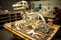 dinosaur skeleton being pieced together by paleontologists, with other bones and artifacts visible in the background