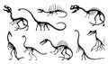 Dinosaur skeleton set. Dino monsters icons. Shape of real animals. Sketch of prehistoric reptiles. Vector illustration