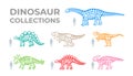 Dinosaur skeletons set. Triceratops, Tyrannosaurus, Kentrosaurus, Brahiosaurus, Velociraptor, Stegosaurus