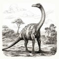 Dinosaur Sketch, Hand Drawn Sketched Brachiosaurus Dino, Engraving Dinosaurs, Ink Jurassic Monster Royalty Free Stock Photo
