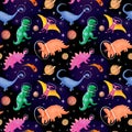Dinosaur in space. Astronauts dino, planets, stars repeated backdrop. Cute dinosaurs in helmets design. Watercolor