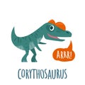 Dinosaur speaks ARRR. Vector colorful flat illustration. Lettering corythosaurus