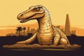 A dinosaur sphinx in front of a egyptian pyramids at sunset. AI generative image.