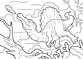 Dinosaur spinosaurus, hunts underwater, coloring book, funny illustration