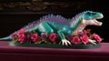 a dinosaur statue with flowers on a table top in a room