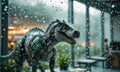 A dinosaur statue is standing in front of a window on a rainy day.