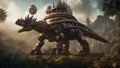 dinosaur a steampunk, A steampunk scene of a metal stegosaurus walking in a jungle, Royalty Free Stock Photo