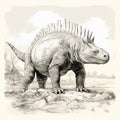 Dinosaur, stegosaurus, prehistoric reptile, black and white drawing, engraving style,