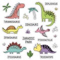 Set of cartoon hand drawn dinosaur stickers