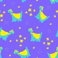 Dinosaur superhero in cape and mask seamless pattern.Hand drawn illustration with dino for kids textile,clothes
