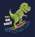 Dinosaur surf on big wave cool summer t-shirt print. T-rex ride surfboard Royalty Free Stock Photo