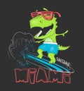 Dinosaur surfer ride the wave, on surfboard. Vector illustration.