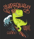 Dinosaur surfer ride the wave, on surfboard. Vector illustration.