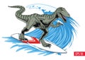 Dinosaur surfer ride the wave. Velociraptor dino on surfboard vector illustration
