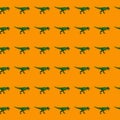 dinosaur toy with open mouth on a vivid orange background seamless pattern