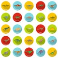 Dinosaur types signed name icons set, flat style