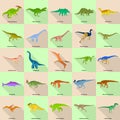 Dinosaur types signed name icons set, flat style