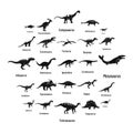 Dinosaur types signed name icons set, simple style