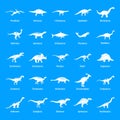 Dinosaur types signed name icons set, simple style