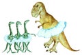 Dinosaur Tyrannosaurus rex and little dinosaurs ballerina, watercolor Royalty Free Stock Photo