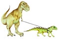 Dinosaur Tyrannosaurus rex walking a small dinosaur on a leash