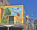 Dinosaur wall painting in Kappabashi Dori, Kitchen Town, Tokyo, Japan