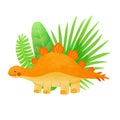 Dinosaur watercolor illustration. Orange Stegosaurus clipart. Tropical animal