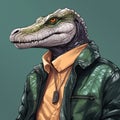 Fashion-illustration Style Crocodile Wearing Green Jacket - Epic Portraiture Commission
