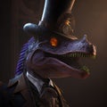 Dinosaur wearing a hat and dressed in a steampunk outfit.