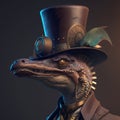 Dinosaur wearing a hat and dressed in a steampunk outfit