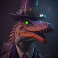 Dinosaur wearing a hat and dressed in a steampunk outfit