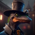 Dinosaur wearing a hat and dressed in a steampunk outfit.