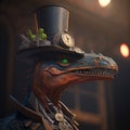 Dinosaur wearing a hat and dressed in a steampunk outfit. Steampunk