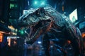 Dinosaur Wild Animal in Futuristic World Using Time Machine Technology with Modern City at Night