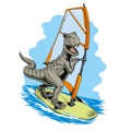 Dinosaur windsurfer sailing on the windsurf board. Tyrannosaurus or T. rex comic style vector illustration.