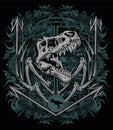 Dinosaur& x27;s head skeleton with two trident and floral background