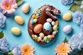 Dinosaure chocolate easter eggs and spring colored daisy flowers Royalty Free Stock Photo