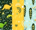 Dinosaurs background for fabric. Set of seamless vector models. Collection of children`s clothing, bed linen, fabrics. Comic and c