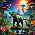 The dinosaurs in a beautiful jungle, small river, sun, tree, plants, wildflower, wildlife, mountain Royalty Free Stock Photo