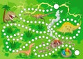 Dinosaurs boardgame for children in cartoon style. Landscape with dot path image. Adventure map of dino park. Board maze Royalty Free Stock Photo