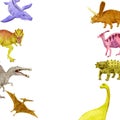 Dinosaurs border. Watercolor tyrannosaurus, Spinosaurus, Pteranodon, Ankylosaurus, Mosasaurus