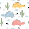 Dinosaurs and Cactus Seamless pattern cute cartoon animal background hand drawn in kid style Royalty Free Stock Photo